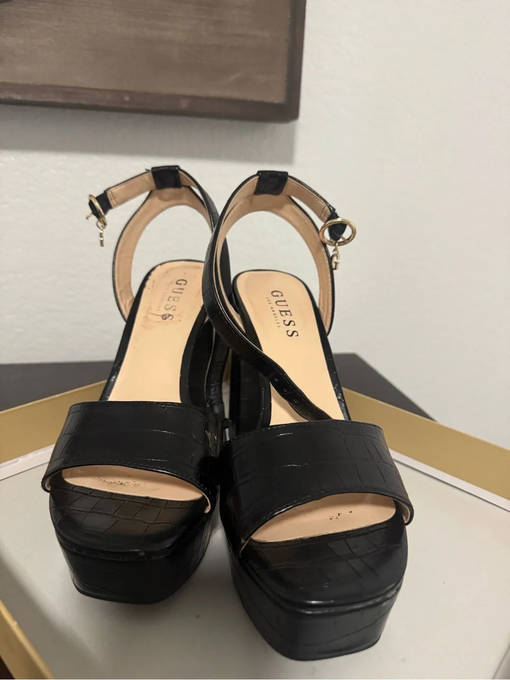 GUESS Black Croc-Embossed Platform Slingback Sandals with Gold Hardware